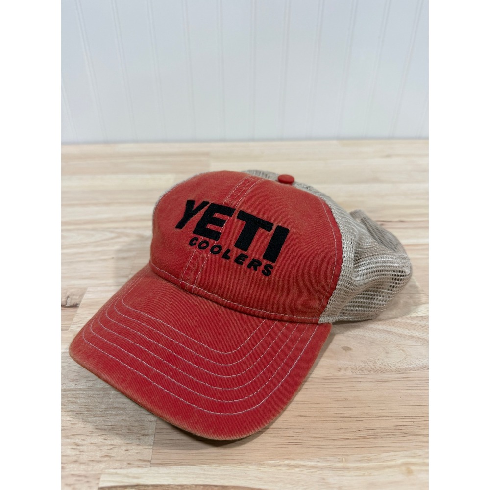 Yeti Coolers Distressed Snapback Hat Adjustable Red Beige Men Accessories OSFM
